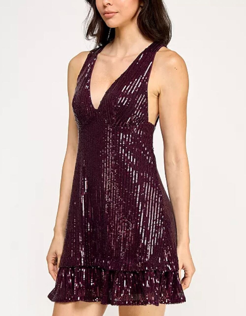 Violet Weekend 13/14 Juniors Sequin Deep-V Sleeveless Sexy Ruffle Mini Dress NWT